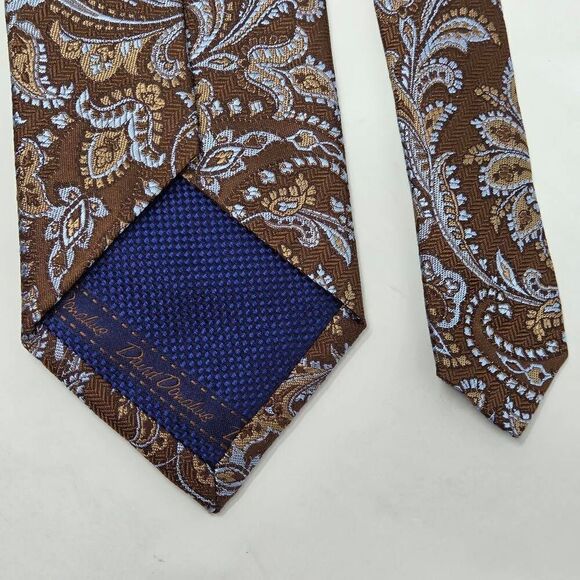 DAVID DONAHUE SILK TIE BROWN BLUE PAISLEY TEXTURED SATIN 3.5" X 59" - Picture 4 of 4